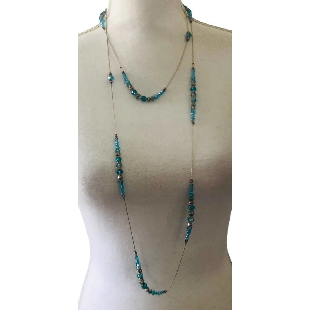 Ali Kahn Necklace Opera Length Faceted Irridescent Aqua Turquoise Beads
